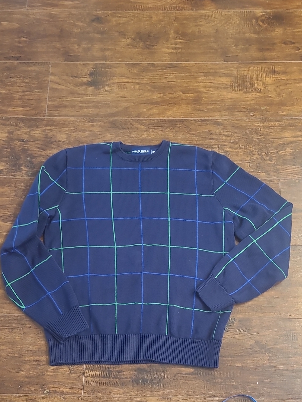 Polo Golf Ralp Lauren  Navy Crewneck Sweater with Blue and Green Windowpane M